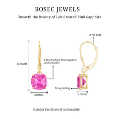 Cushion Cut Lab Created Pink Sapphire Solitaire Drop Earrings with Leverback