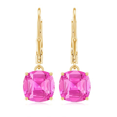 Cushion Cut Lab Created Pink Sapphire Solitaire Drop Earrings with Leverback
