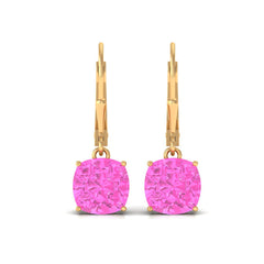 Cushion Cut Lab Created Pink Sapphire Solitaire Drop Earrings with Leverback