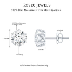 8 Carat Round Moissanite Solitaire Stud Earrings in Claw Setting