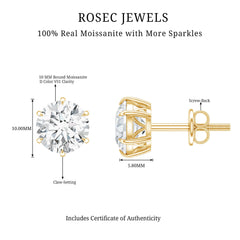 8 Carat Round Moissanite Solitaire Stud Earrings in Claw Setting