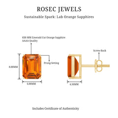 Lab Grown Orange Sapphire Emerald Cut Stud Earrings