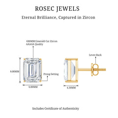 Certified 3.7 Carat Cubic Zirconia Emerald Cut Stud Earrings with Screw Back