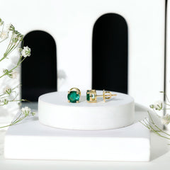 Round Shape Lab Grown Emerald Solitaire Stud Earrings