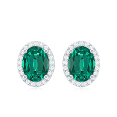 Classic Oval Shaped Lab Grown Emerald and Diamond Halo Stud Earrings