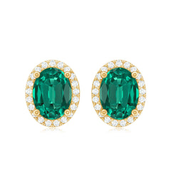 Classic Oval Shaped Lab Grown Emerald and Diamond Halo Stud Earrings
