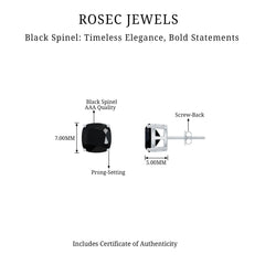 4 Carat Cushion Cut Black Spinel Solitaire Stud Earrings
