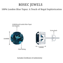 Solitaire 8MM London Blue Topaz Stud Earrings with Screw Backs