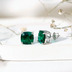 10 MM Cushion Cut Created Emerald Solitaire Stud Earrings