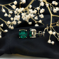 10 MM Cushion Cut Created Emerald Solitaire Stud Earrings