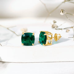 10 MM Cushion Cut Created Emerald Solitaire Stud Earrings