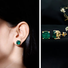 10 MM Cushion Cut Created Emerald Solitaire Stud Earrings