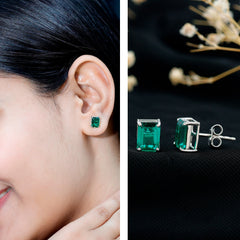 3 Carat Emerald Cut Lab Grown Emerald Solitaire Stud Earrings