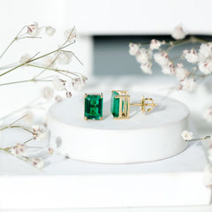 3 Carat Emerald Cut Lab Grown Emerald Solitaire Stud Earrings