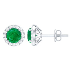 Halo Stud Earrings with Emerald and Diamond