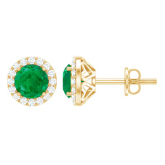Halo Stud Earrings with Emerald and Diamond
