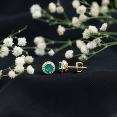 Halo Stud Earrings with Emerald and Diamond