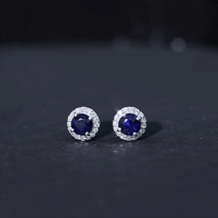 Real 1.9 Carat Blue Sapphire and Diamond Halo Stud Earrings