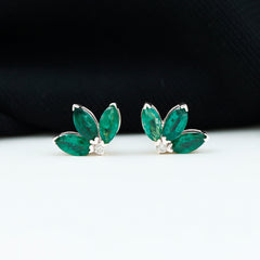 Genuine Emerald and Diamond Lotus Stud Earrings