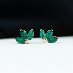 Genuine Emerald and Diamond Lotus Stud Earrings