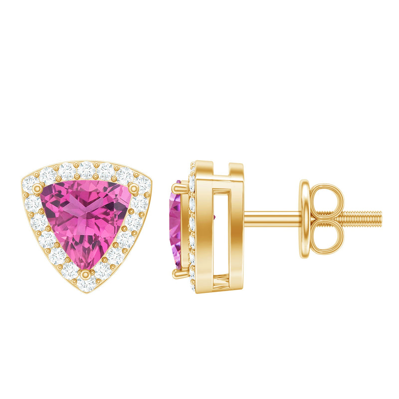 Real Trilliant Cut 1 Carat Pink Tourmaline Stud Earrings with Lab Diamond