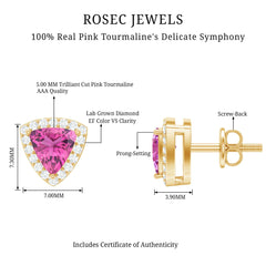 Real Trilliant Cut 1 Carat Pink Tourmaline Stud Earrings with Lab Diamond