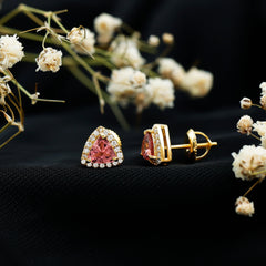 Real Trilliant Cut 1 Carat Pink Tourmaline Stud Earrings with Lab Diamond