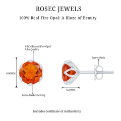 Certified Natural Fire Opal Stud Earrings with Screw Back