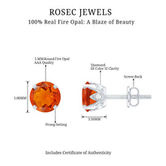 Solitaire Fire Opal Stud Earrings with Diamond Accent
