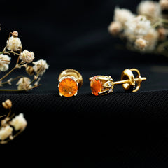 Solitaire Fire Opal Stud Earrings with Diamond Accent