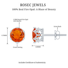 1.5 Carat Fire Opal Solitaire Crown Stud Earrings