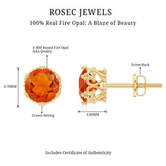 1.5 Carat Fire Opal Solitaire Crown Stud Earrings