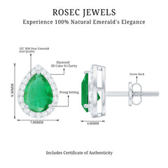 Natural 5X7mm Pear Shape Emerald Stud Earrings with Diamond Halo