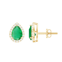 Natural 5X7mm Pear Shape Emerald Stud Earrings with Diamond Halo