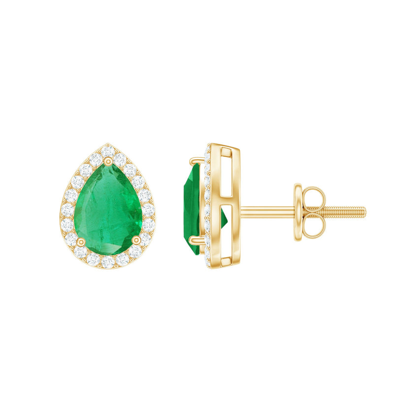 Natural 5X7mm Pear Shape Emerald Stud Earrings with Diamond Halo