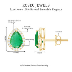 Natural 5X7mm Pear Shape Emerald Stud Earrings with Diamond Halo