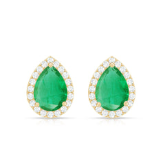 Natural 5X7mm Pear Shape Emerald Stud Earrings with Diamond Halo