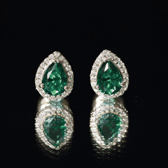 Lab Created Emerald Teardrop Stud Earrings with Diamond Halo