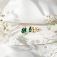 Lab Created Emerald Teardrop Stud Earrings with Diamond Halo