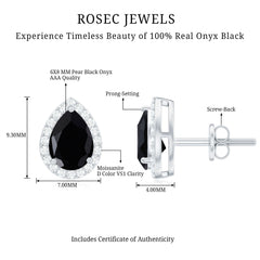 2 Carat Pear Cut Black Onyx and Moissanite Stud Earrings