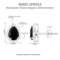Natural 5X7 mm Pear Shape Black Spinel Earrings with Diamond Halo