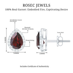 Natural 5X7MM Garnet Teardrop Stud Earrings with Diamond Halo