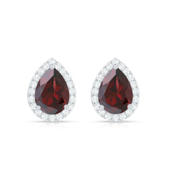 Natural 5X7MM Garnet Teardrop Stud Earrings with Diamond Halo