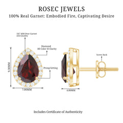 Natural 5X7MM Garnet Teardrop Stud Earrings with Diamond Halo