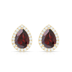 Natural 5X7MM Garnet Teardrop Stud Earrings with Diamond Halo