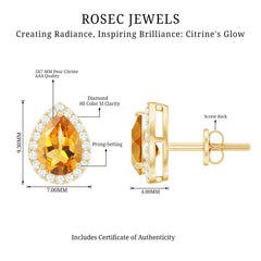 Certified Real Pear Shape Citrine Stud Earrings with Diamond Halo