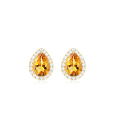 Certified Real Pear Shape Citrine Stud Earrings with Diamond Halo