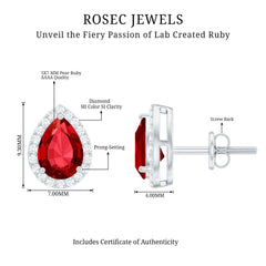 Lab Created Ruby Teardrop Stud Earrings with Diamond Halo