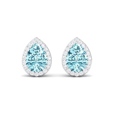 Natural Pear Shape Aquamarine Stud Earrings with Diamond Halo