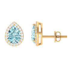 Natural Pear Shape Aquamarine Stud Earrings with Diamond Halo